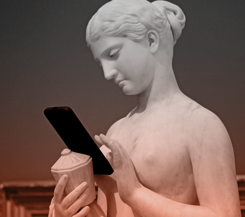 greek statue of a woman using a smartphone