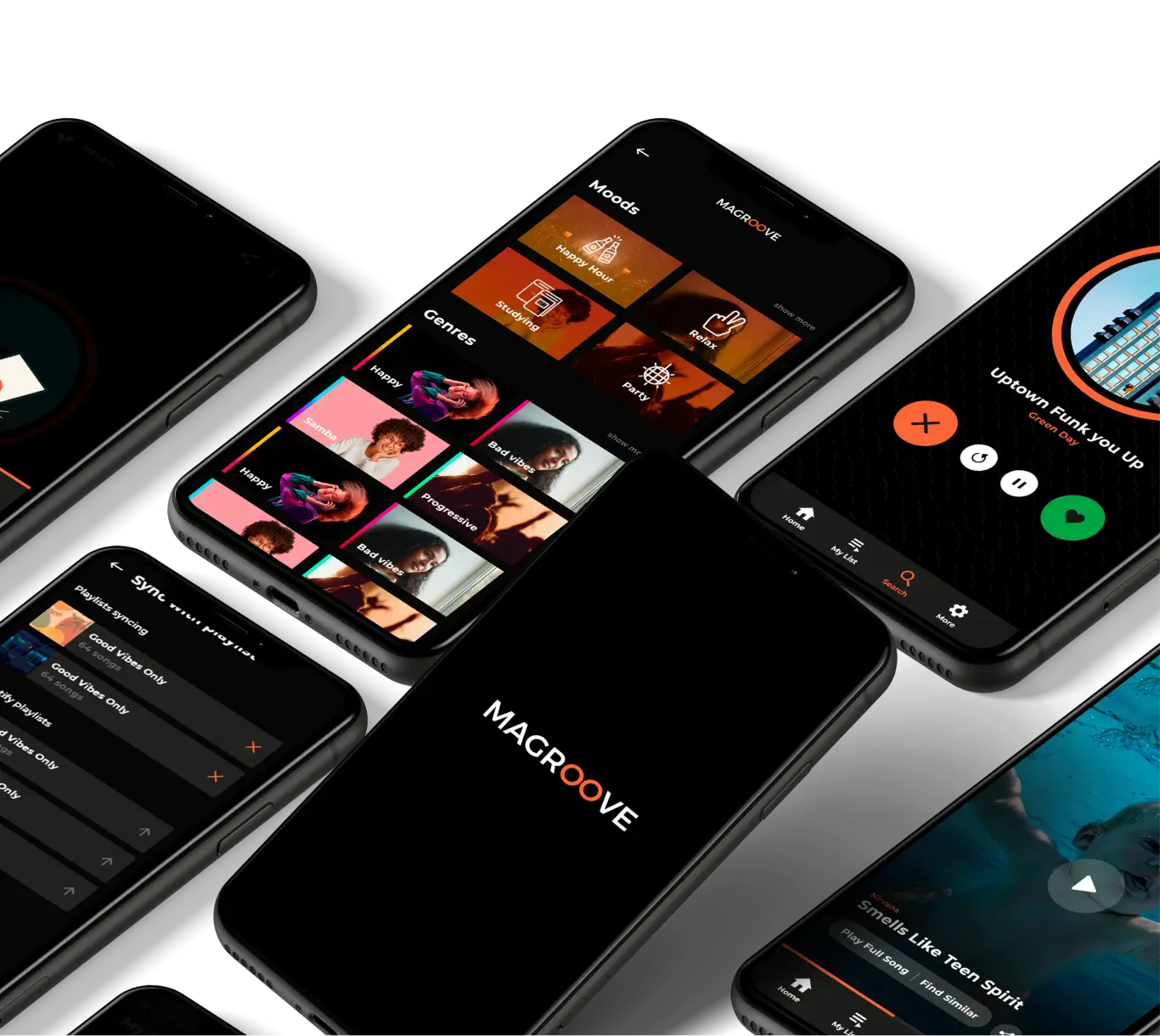 Smartphones displaying Magroove's recommendation music app
